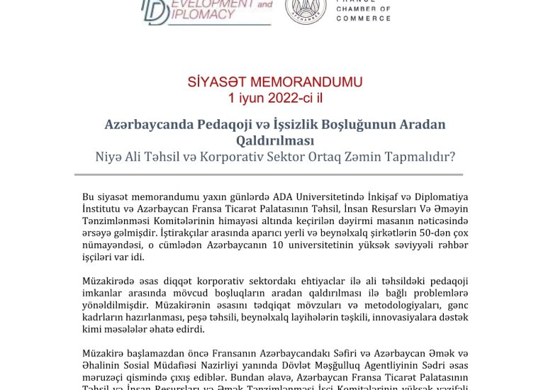 “Azərbaycanda Pedaqoji İmkanlar və İşsizlik Boşluğunun Aradan Qaldırılması” mövzusunda siyasət memorandumu.