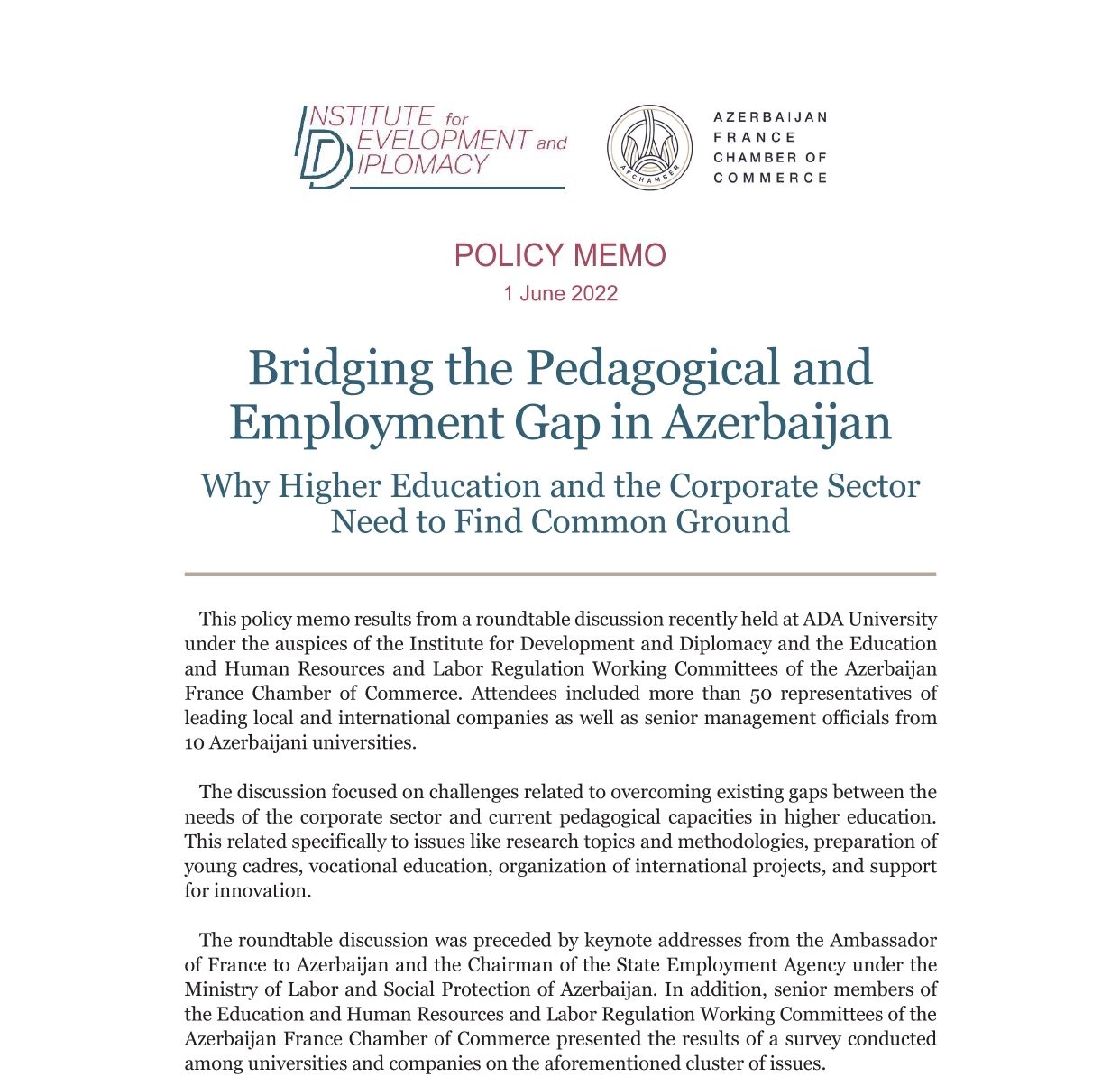 Policy Memo on “Bridging the Pedagogical and Employment Gap in Azerbaijan”.