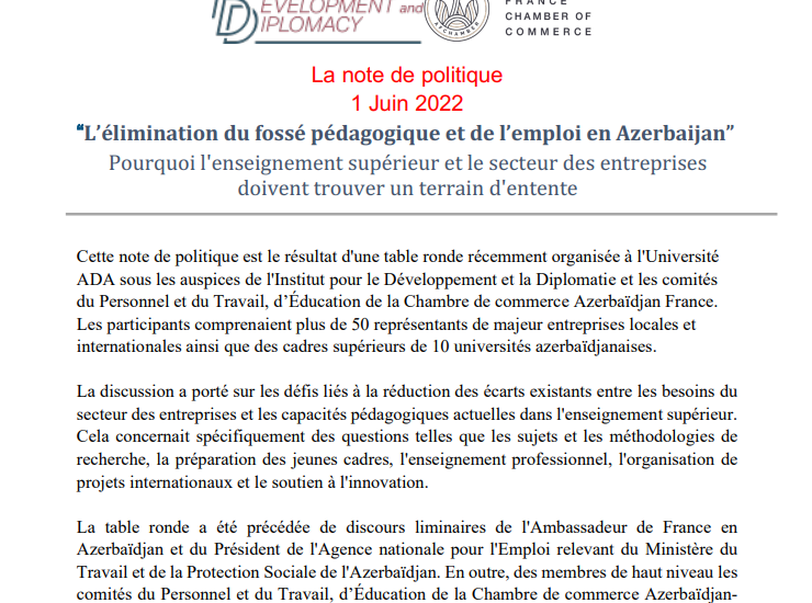 La note de politique sur “L’élimination du fossé pédagogique et de l’emploi en Azerbaijan”